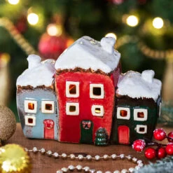 Shudehill Village Pottery Three Christmas Houses Tealight Holder