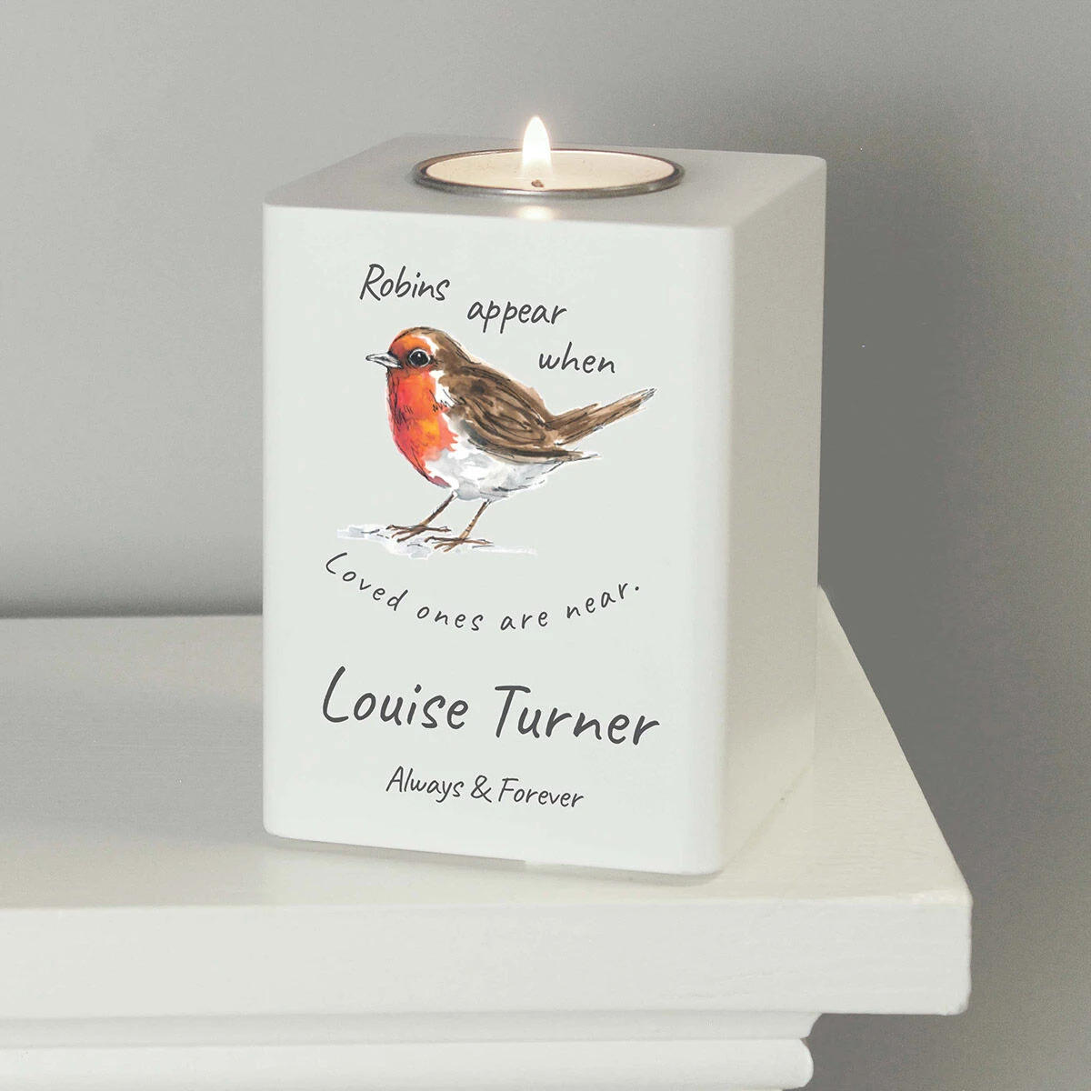 Personalised Robins Appear White Wooden Tealight Holder 5 Personalised Robins Appear White Wooden Tealight Holder - Image 3