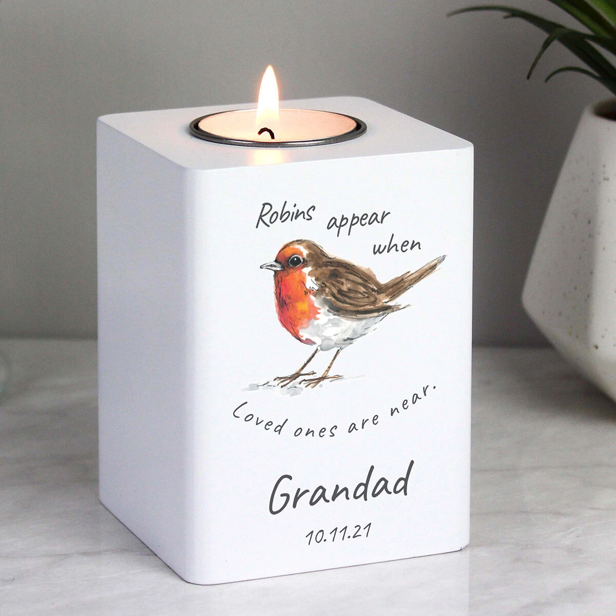 Personalised Robins Appear White Wooden Tealight Holder 7 Personalised Robins Appear White Wooden Tealight Holder - Image 5
