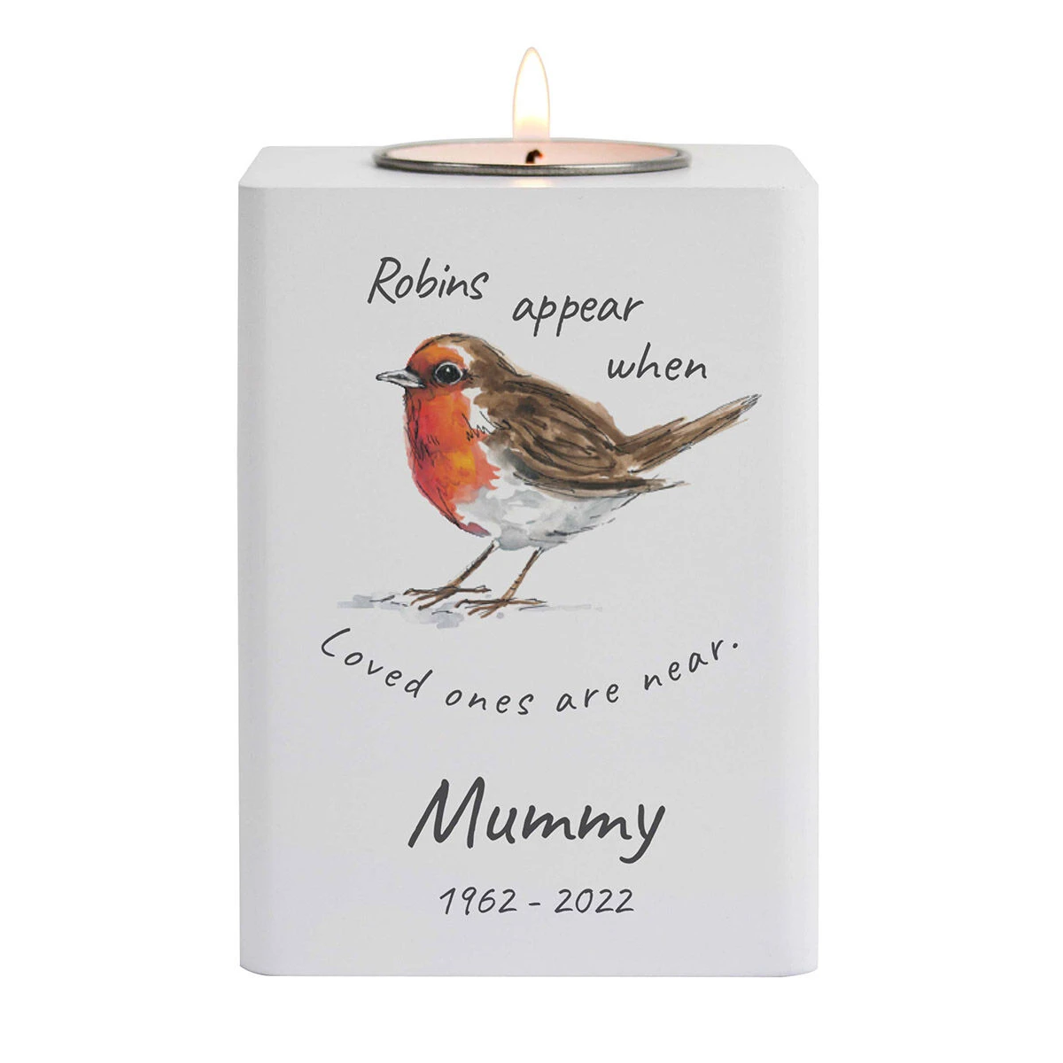Personalised Robins Appear White Wooden Tealight Holder 4 Personalised Robins Appear White Wooden Tealight Holder - Image 2