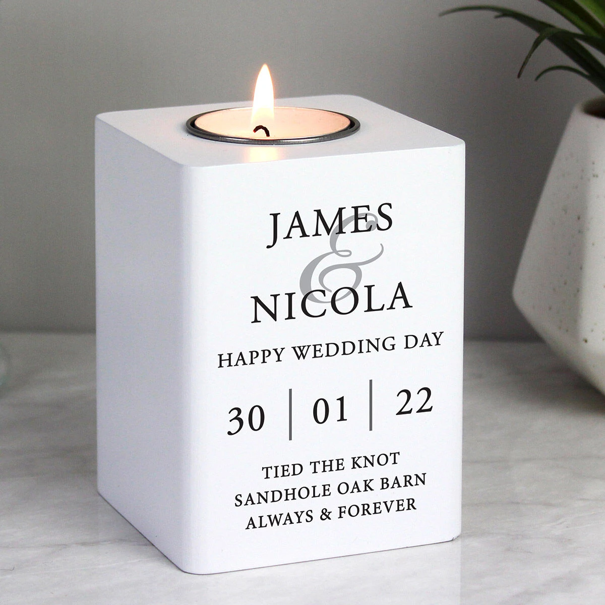 Personalised Couples White Wooden Tealight Holder 3 Personalised Couples White Wooden Tealight Holder