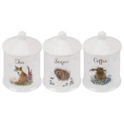 Wrendale Set Of Three Porcelain Tea, Coffee And Sugar Canisters