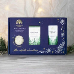 The English Soap Company Nordic Pine Luxury Soap & Hand Cream Three Piece Gift Set -Home Furnishings Store the english soap company wtgb001 nordic pine three piece gift set lifestyle